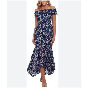 XSCAPE Dress Womens 4P Navy Blue Floral Embroidered Sleeveless Midi Formal